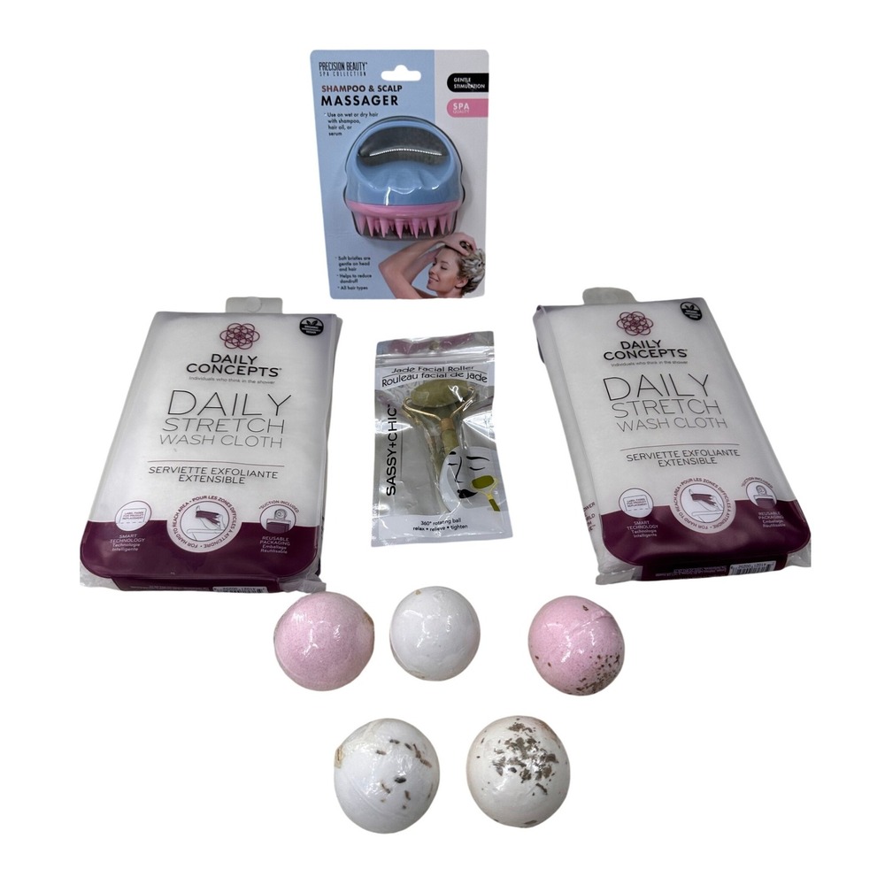 Daily Concepts Spa Gift Set Scalp Massager Jade‎ Roller Stretch Wash Cloths 9pc